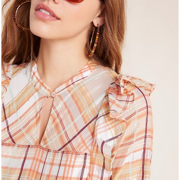 NWOT Anthropologie Polly Ruffled Peasant Blouse Plaid Top Medium - Picture 5 of 16